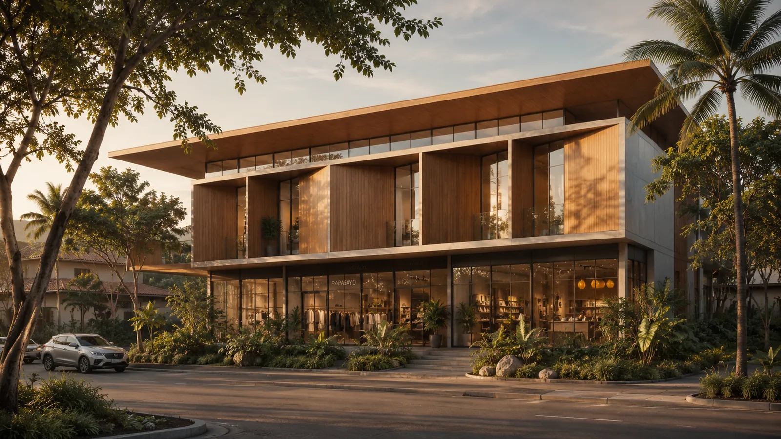 Two-storey timber and glass building with lit interiors at dusk
